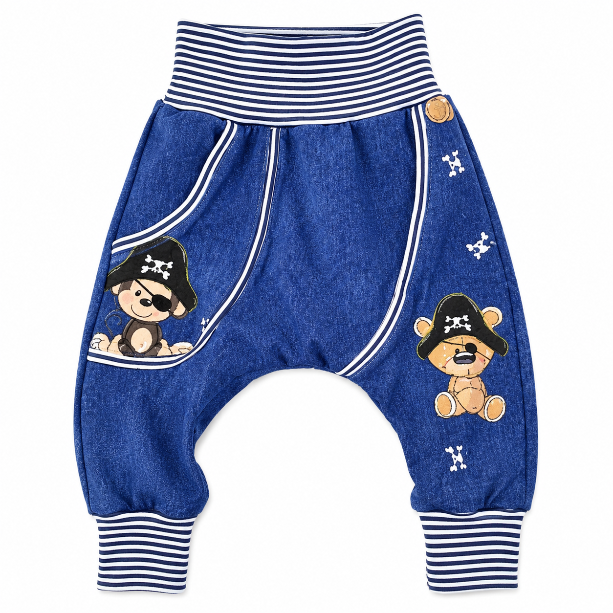 Jeansstyle Teddy Pirat Pumphose – Handgefertigte Babyhose mit Piratenmotiv
