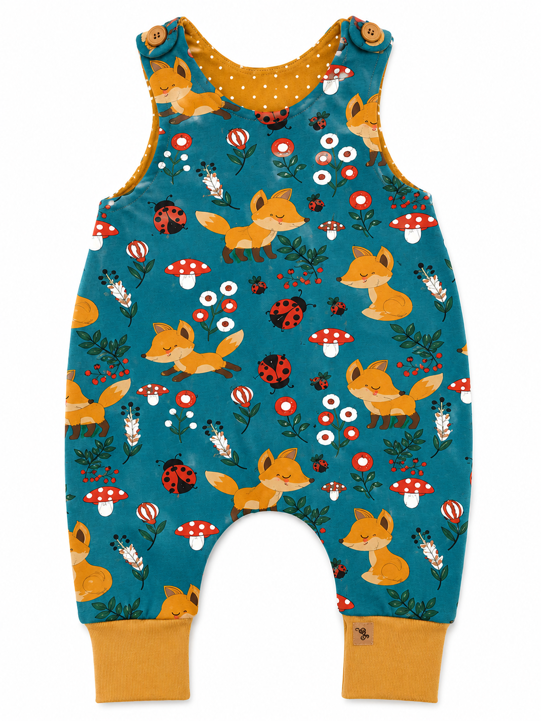 Handgefertigter Baby-Strampler Waldtiere Fuchs Petrol – bequem & mitwachsend