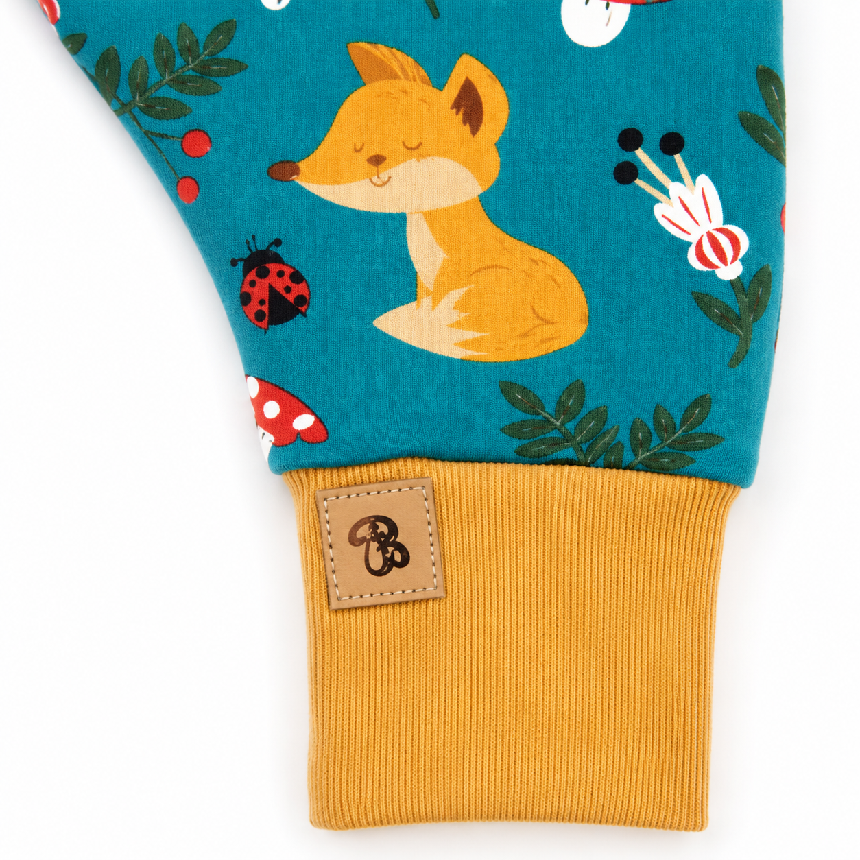 Handgefertigter Baby-Strampler Waldtiere Fuchs Petrol – bequem & mitwachsend