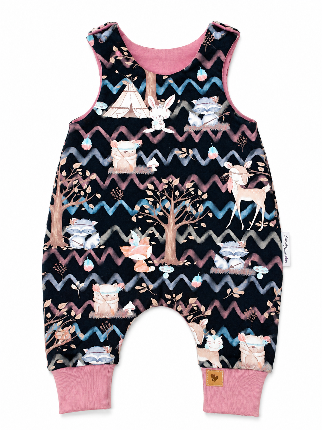 Baby-Strampler Waldtiere Schwarz Rosa – handgefertigt aus Jersey