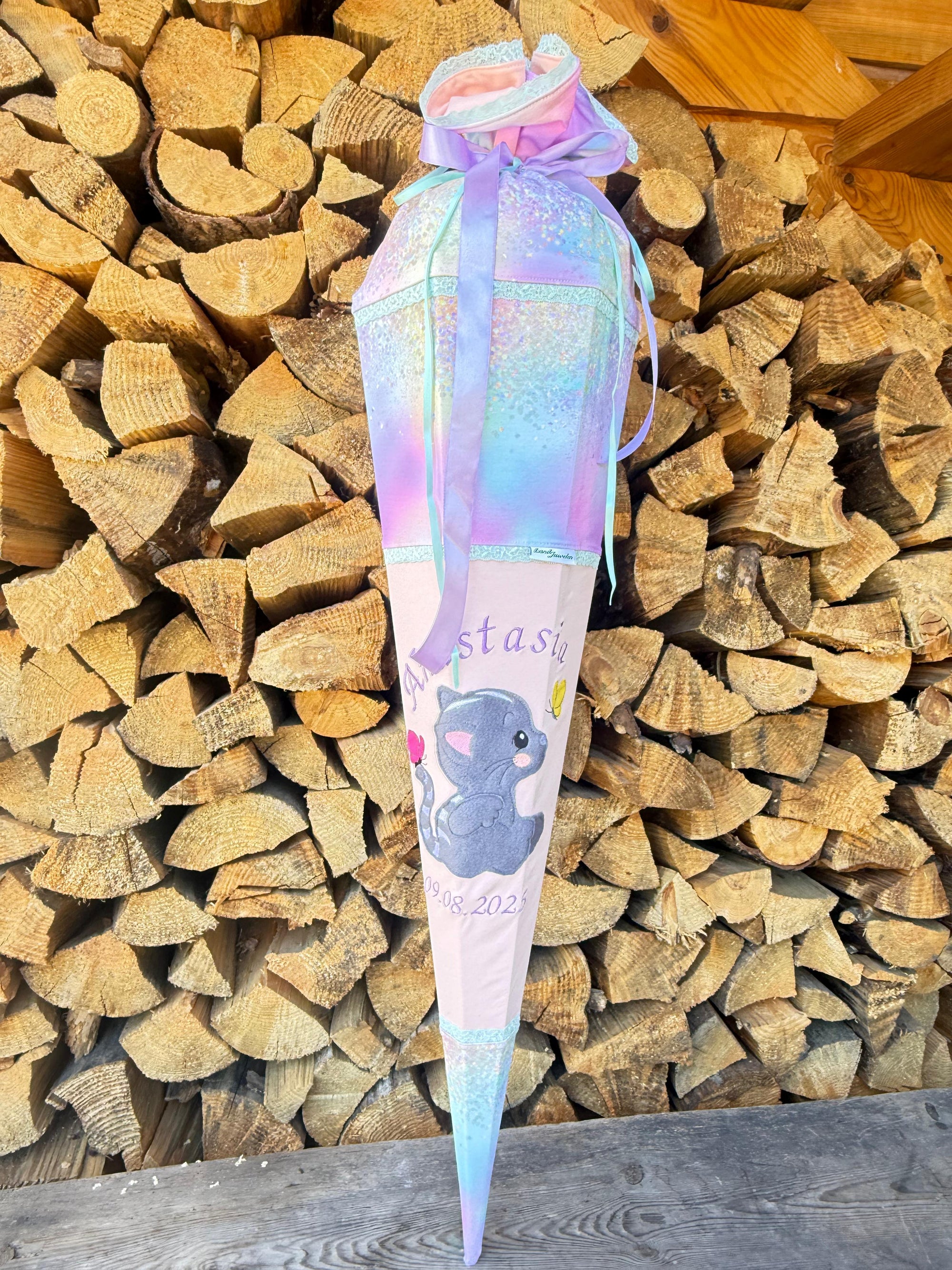 Schultüte für Mädchen Katze Regenbogen Glitzer Zuckertüte 70 cm / 85 cm mit Kissen