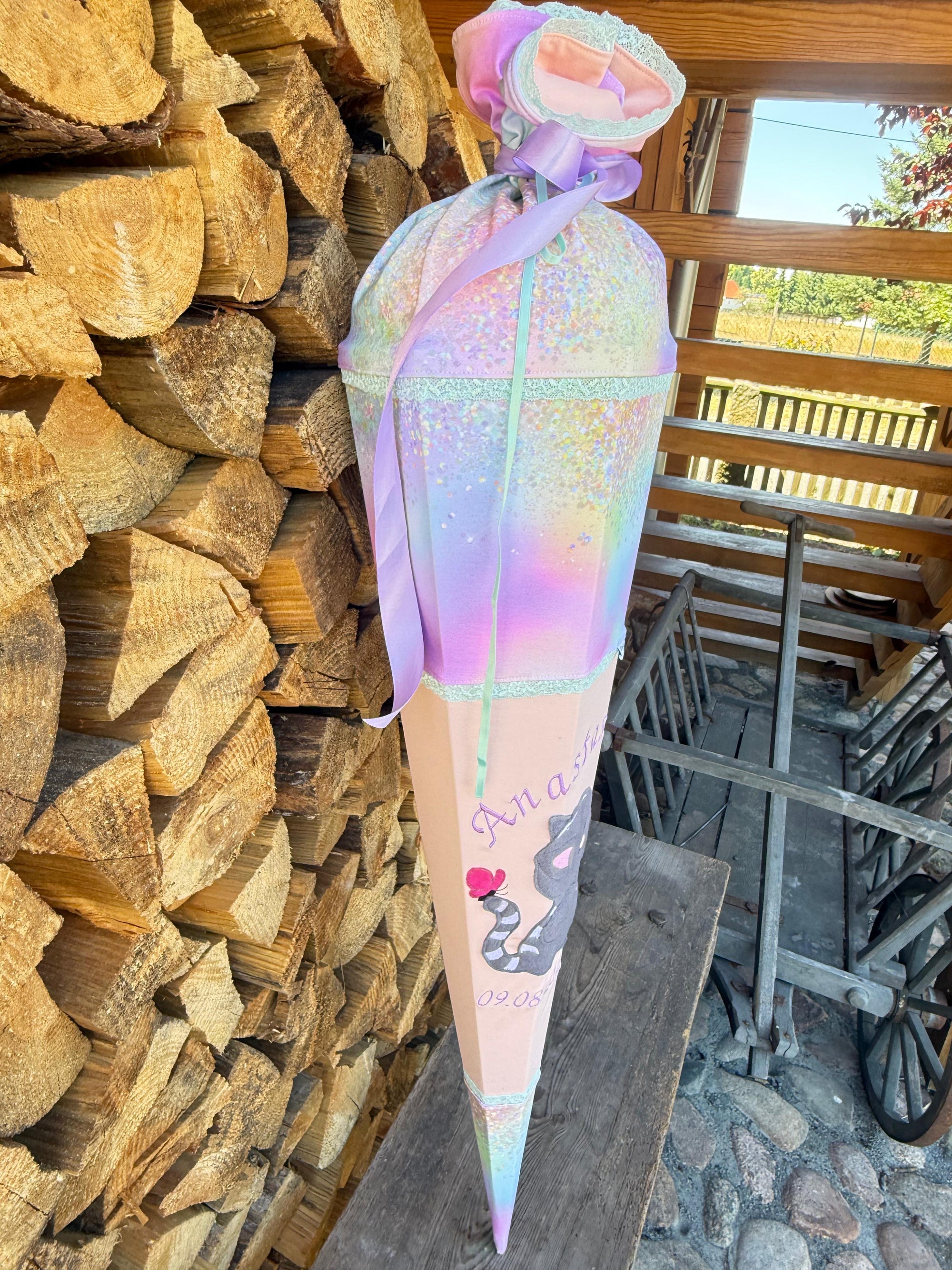 Schultüte für Mädchen Katze Regenbogen Glitzer Zuckertüte 70 cm / 85 cm mit Kissen