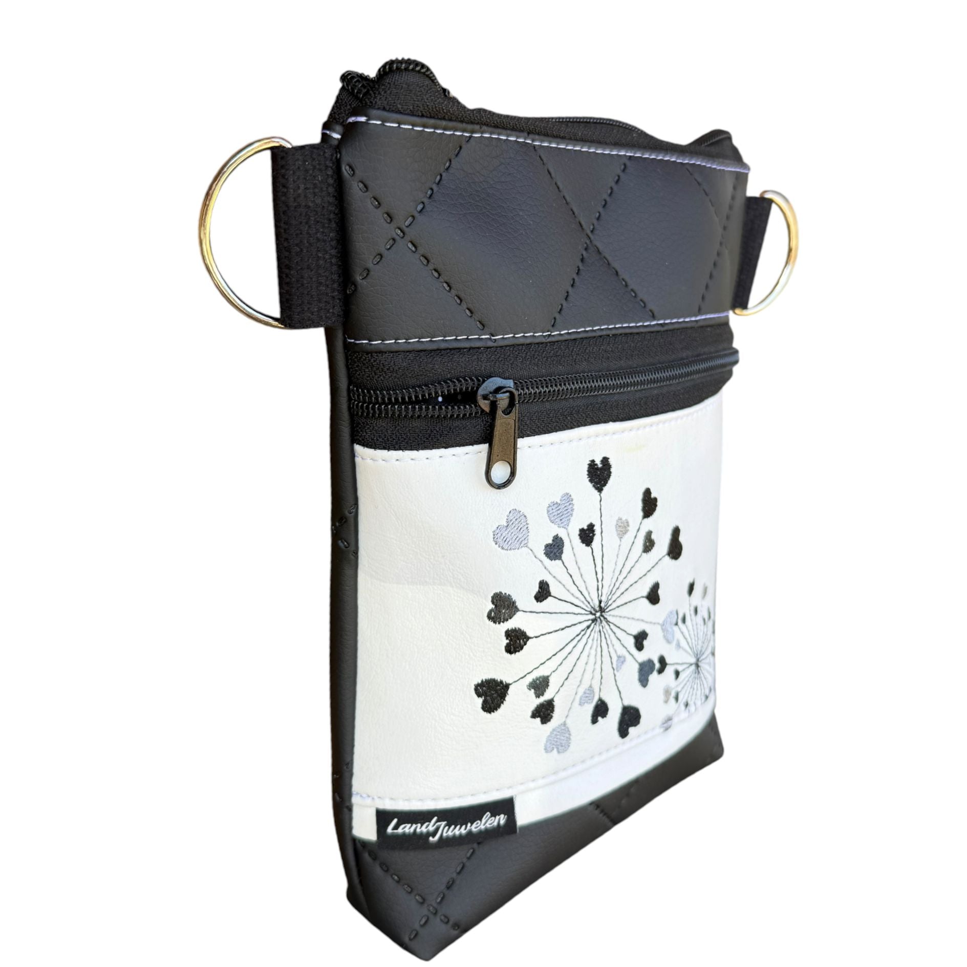 Handgefertigte Umhängetasche – Schwarz/Weiß mit Herzblumen-Stickerei