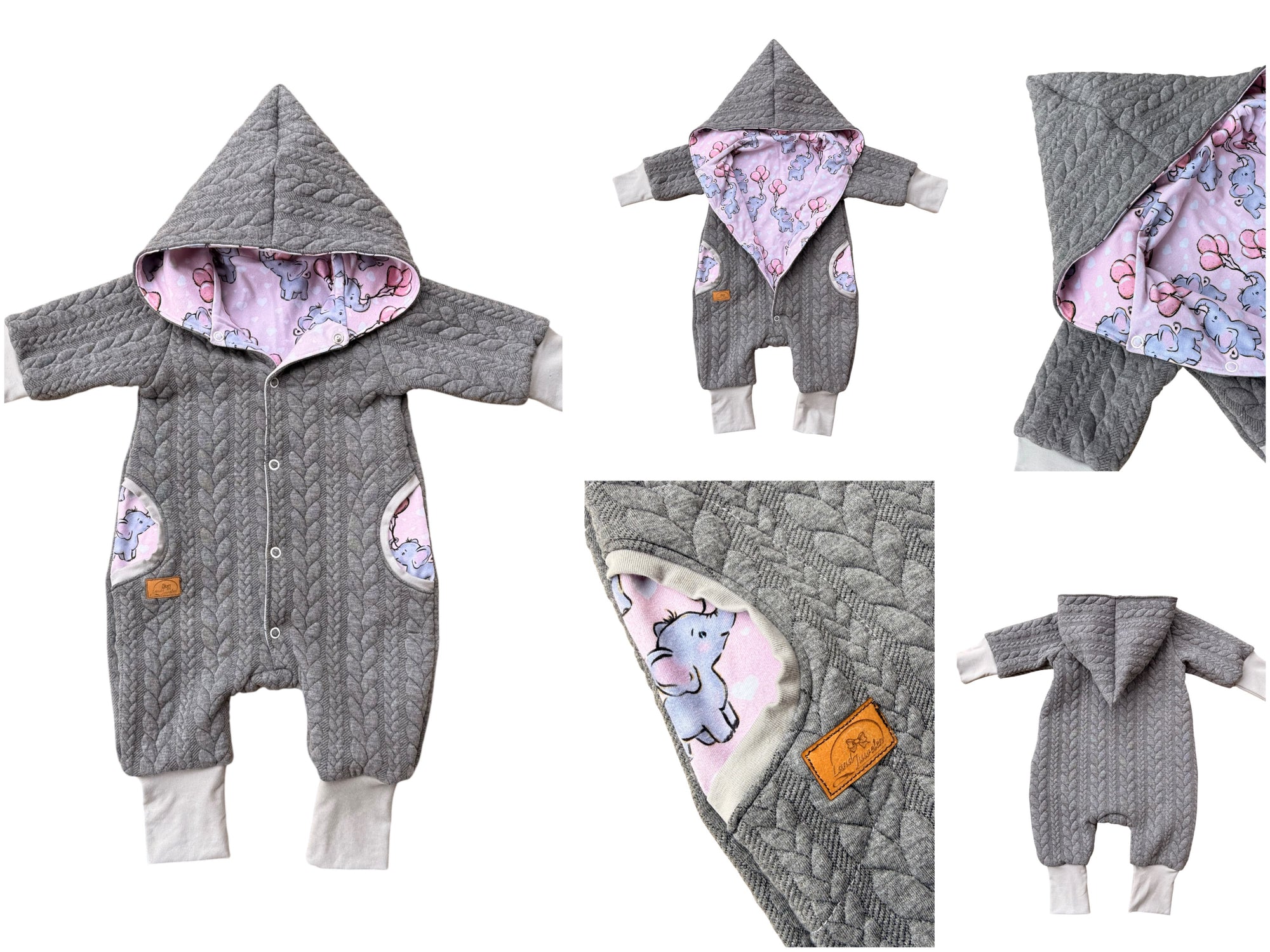 Baby-Overall mit Kapuze – Elefanten & Luftballons